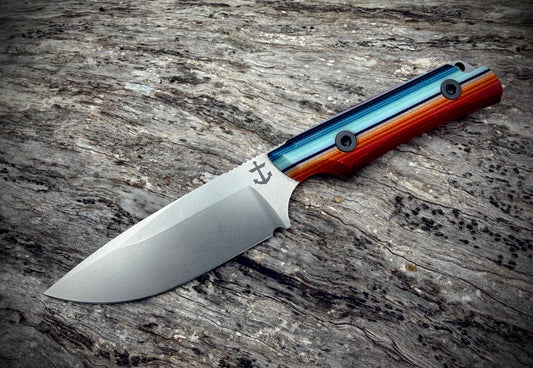 Leucadia Blade Co LandShark Mexican Blanket GCarta Stonewash front view – 3.5" stonewash MagnaCut drop point fixed blade, Mexican Blanket GCarta handle