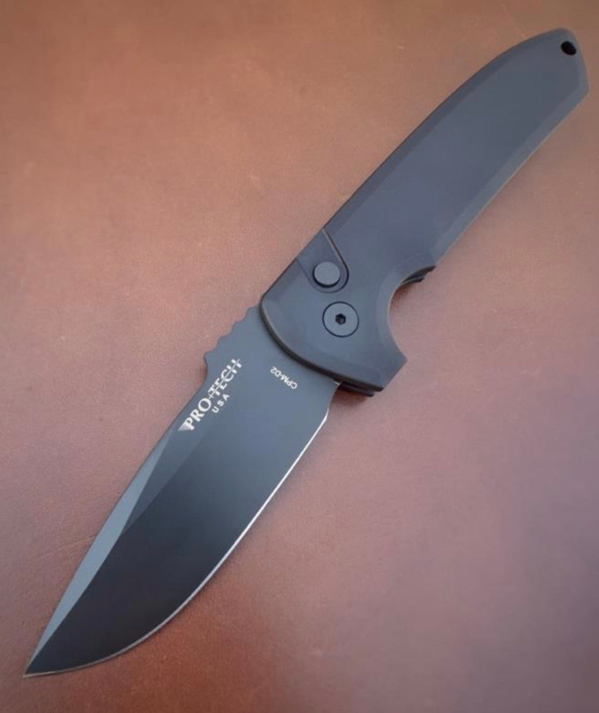 ProTech Rockeye LG303-D2 front view – 3.38″ DLC black CPM-D2 drop point automatic knife