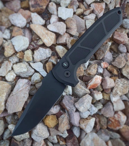 ProTech Rockeye Operator LG307-D2 front view – 3.38″ DLC black CPM-D2 drop point automatic knife