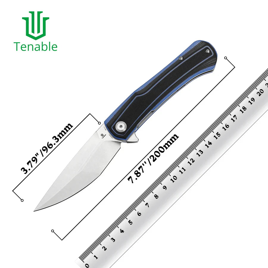 Tenable Kratos T1024A2 – 3.79" Nitro-V Blackwash Drop Point Blade, Black & Blue G10 Handle, Liner Lock – Designed by Ostap Hel