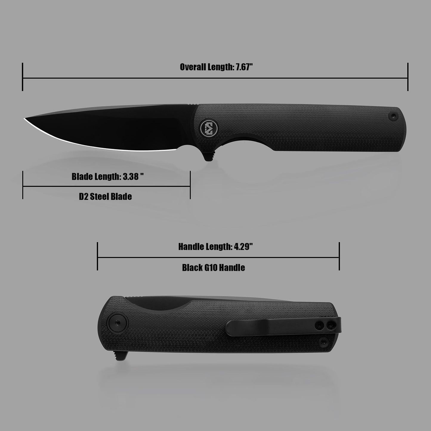 M Miguron Perism Flipper Folding Knife Black G10 Handle 3.38" Black PVD D2 Blade MGR-811BKII