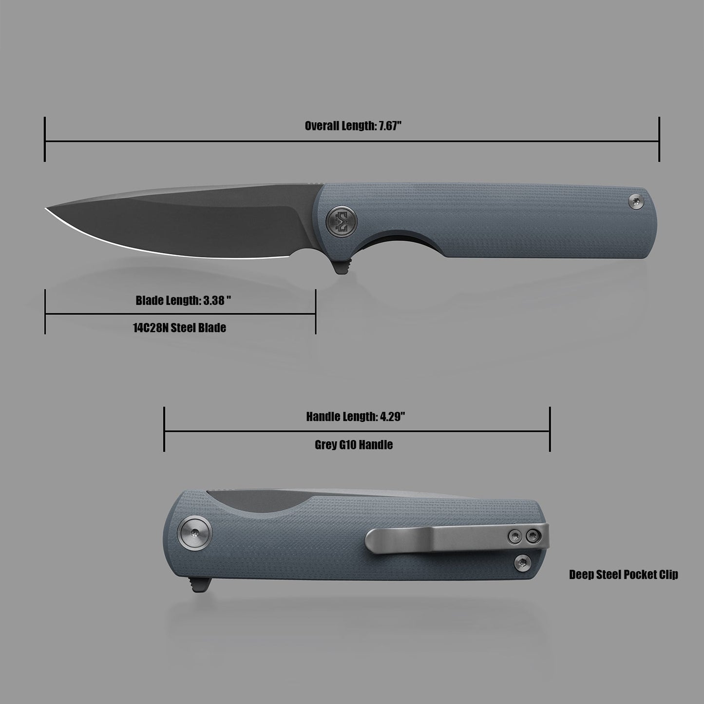 M Miguron Perism Flipper Folding Knife Grey G10 Handle 3.38" Dark Grey PVD D2 Blade MGR-811DGII