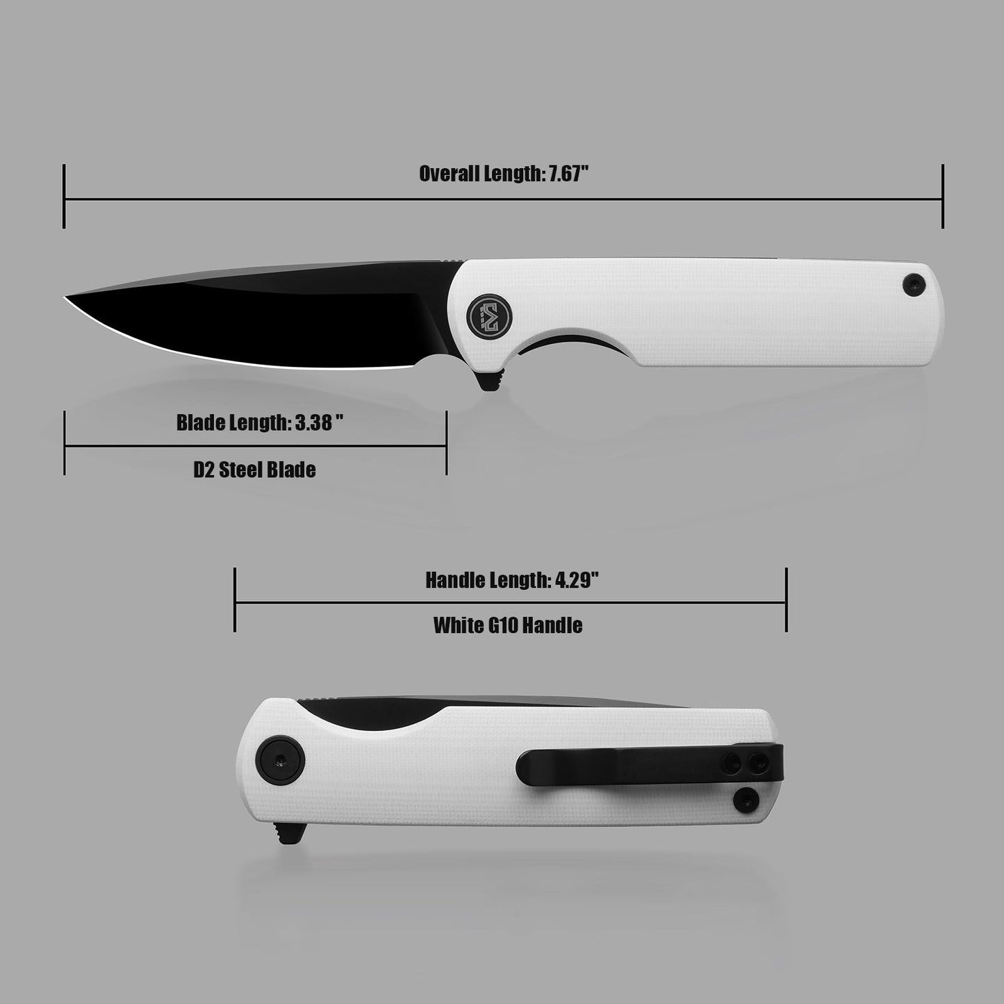 M Miguron Perism Flipper Folding Knife White G10 Handle 3.38" Black PVD D2 Blade MGR-811WHII