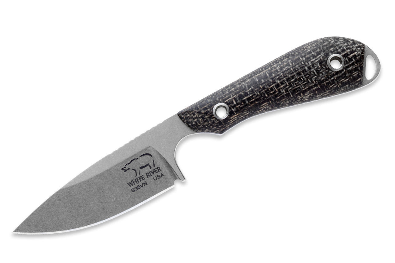 White River M1 Caper M1Caper-Black front view – 3" CPM S35VN fixed blade knife with black burlap Micarta handle