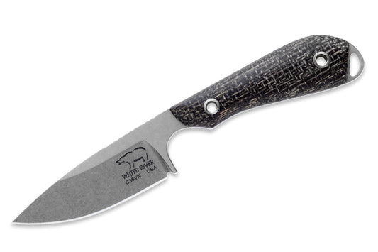 White River M1 Caper M1Caper-Black front view – 3" CPM S35VN fixed blade knife with black burlap Micarta handle