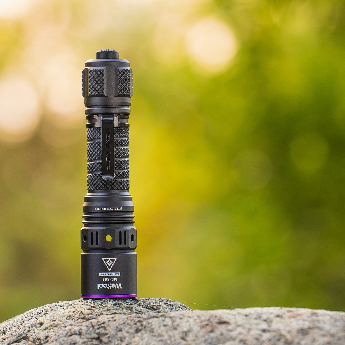 Weltool M4-365 Blue Faced Beast 365nm UV flashlight, front view