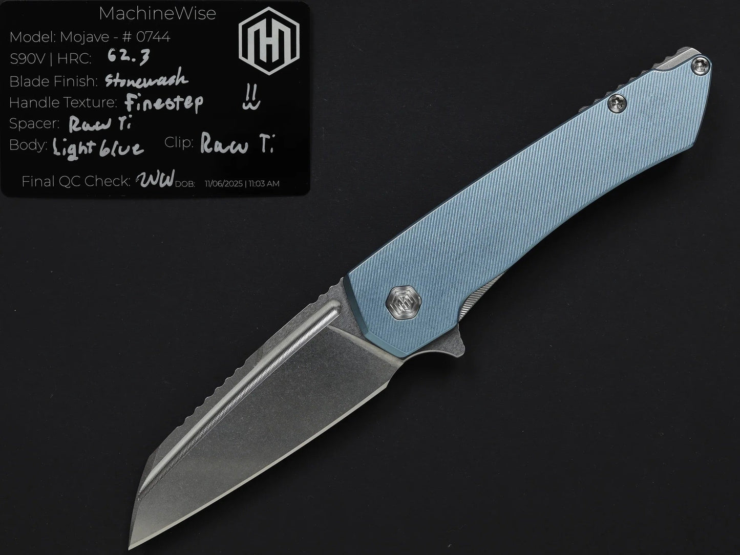 Machinewise Mojave 0744 – 3.45" S90V Blade, Light Blue Finestep Titanium Handles