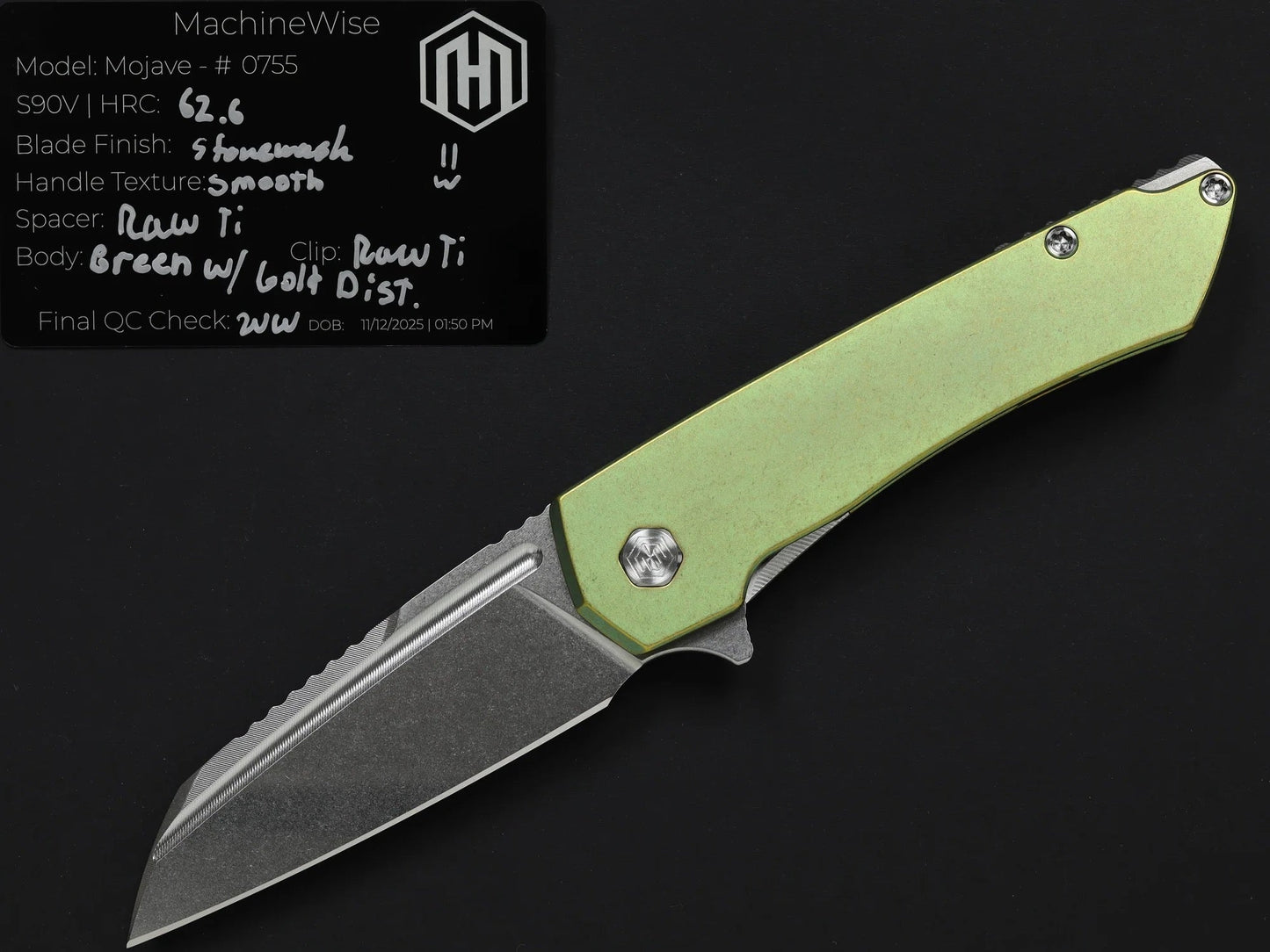 Machinewise Mojave 0755 – 3.45" S90V Blade Green w/ Gold Distressed Titanium Handles