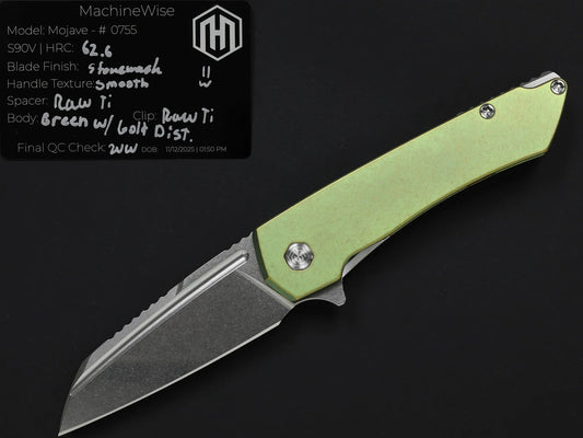Machinewise Mojave 0755 – 3.45" S90V Blade Green w/ Gold Distressed Titanium Handles