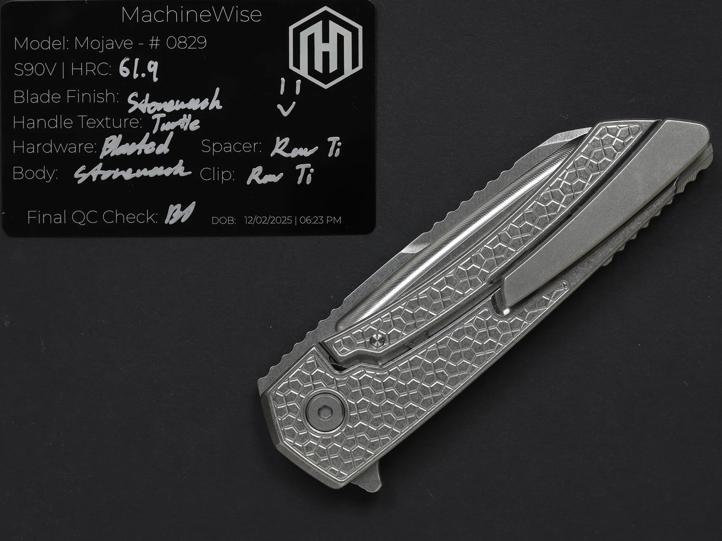 MachineWise – Mojave #829 – 3.45" S90V Framelock Turtle Textured Titanium Folding Knife