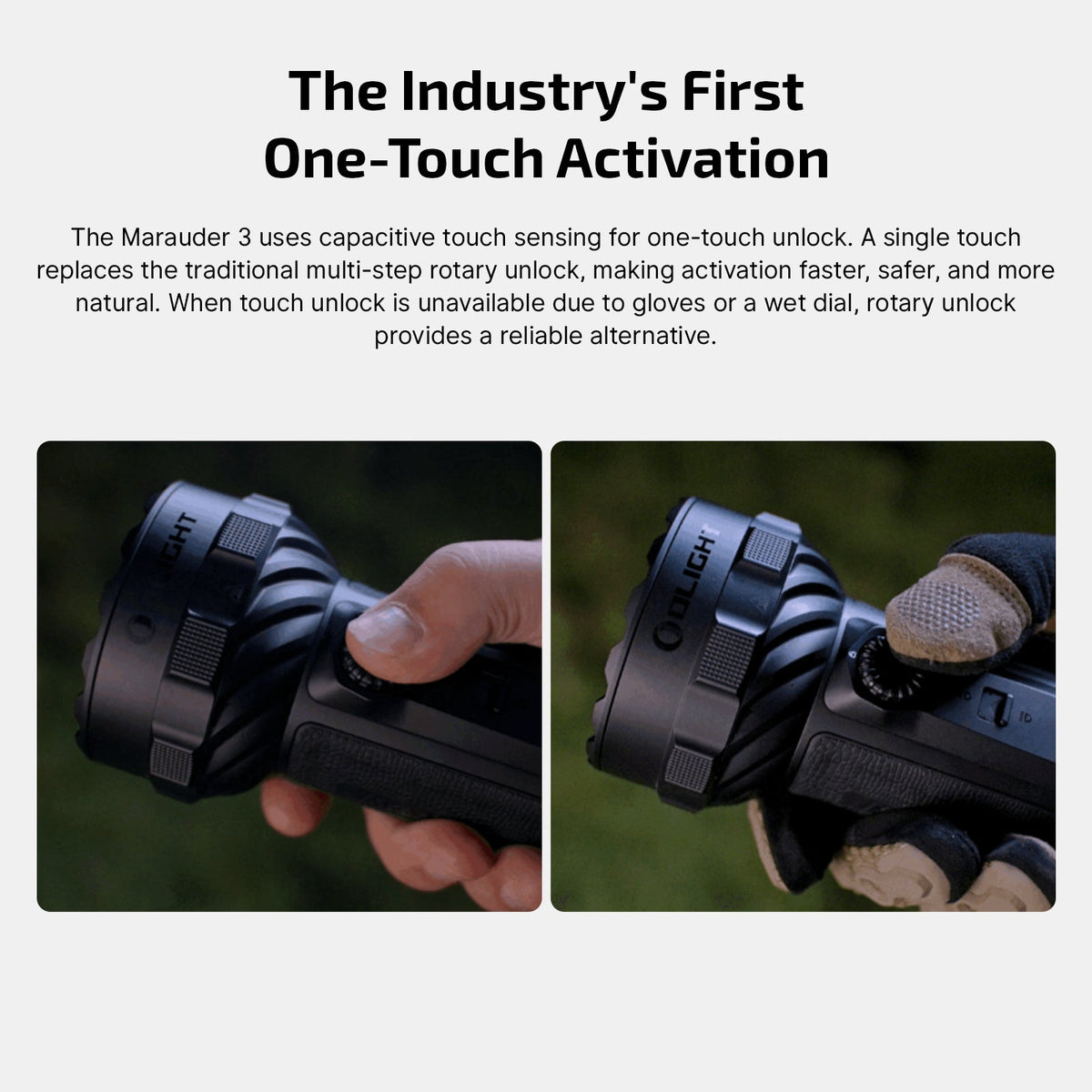 Olight Marauder 3 Black touch activation and glove-friendly rotary unlock