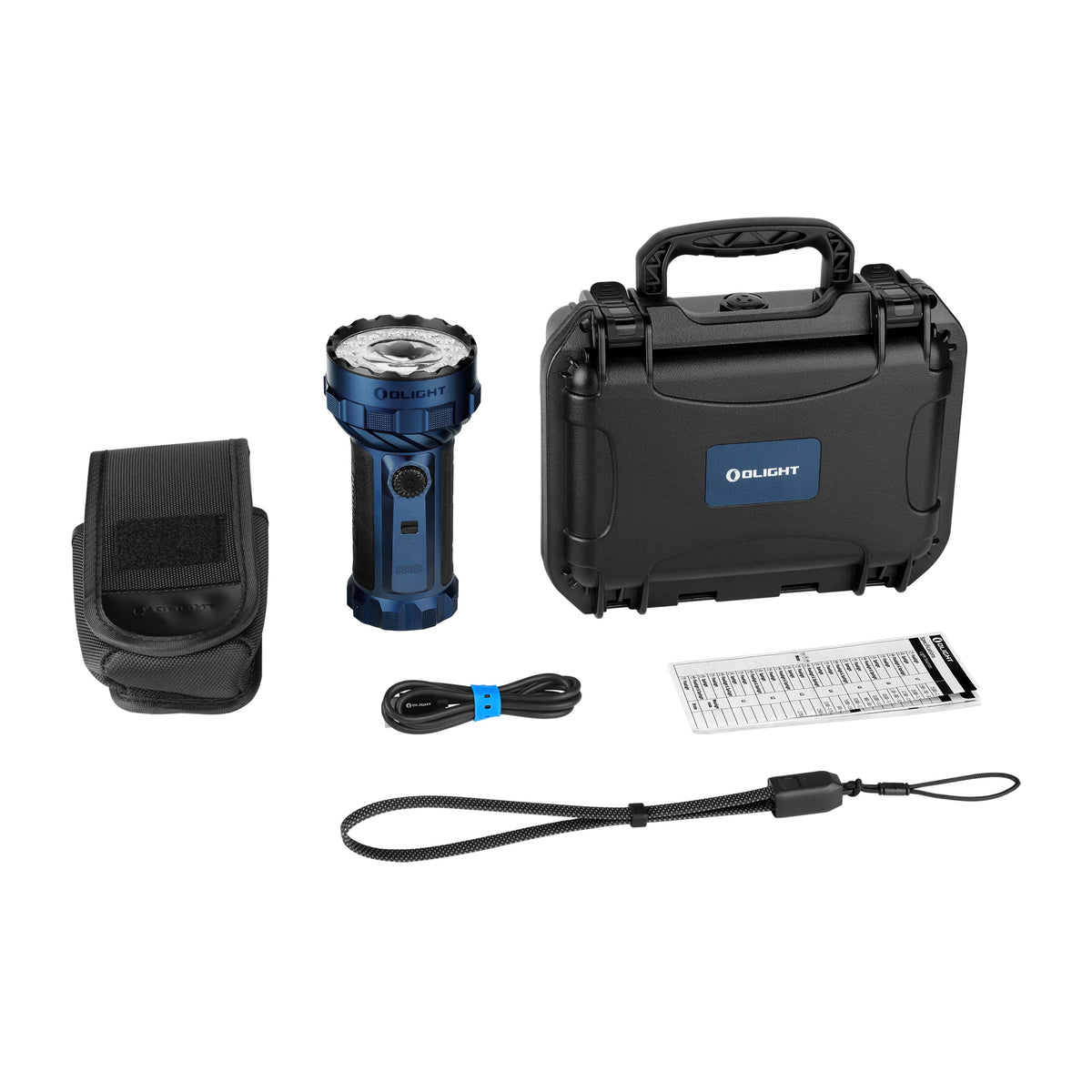 Olight Marauder 3 Midnight Blue included accessories – hard case, holster, charging cable and lanyard