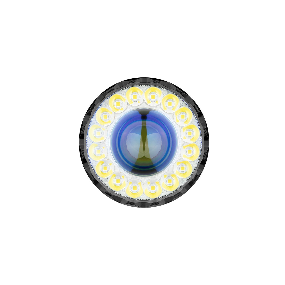Olight Marauder 3 Midnight Blue front bezel detail – 16 flood LEDs and central spotlight optic