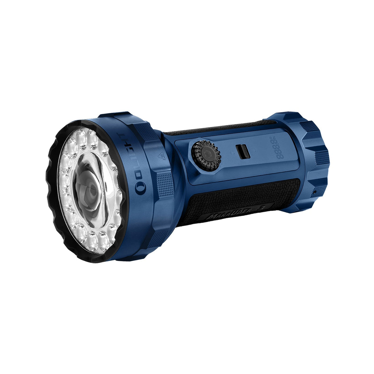 Olight Marauder 3 Midnight Blue side profile view with silicone grip and rotary knob