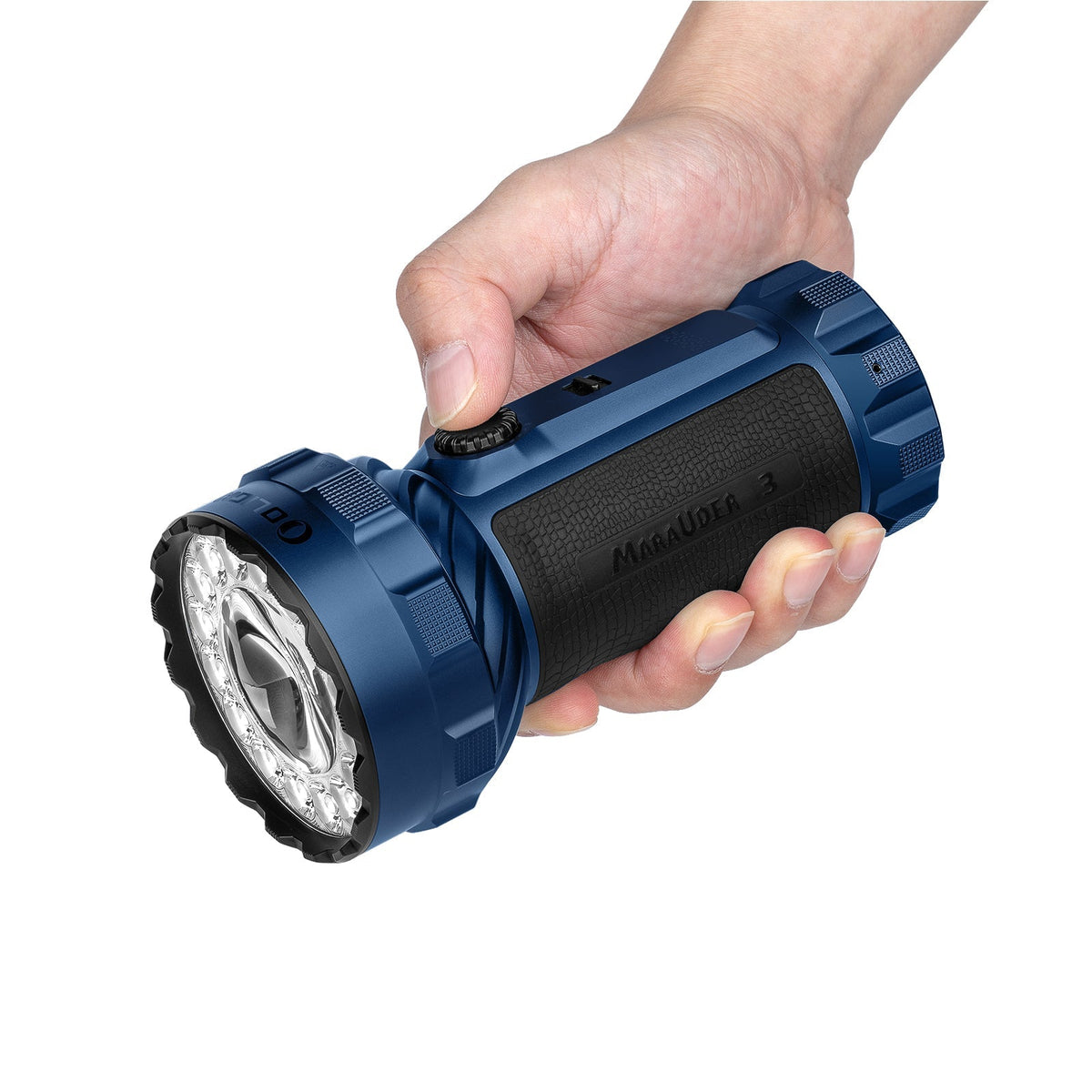 Olight Marauder 3 Midnight Blue size comparison held in hand