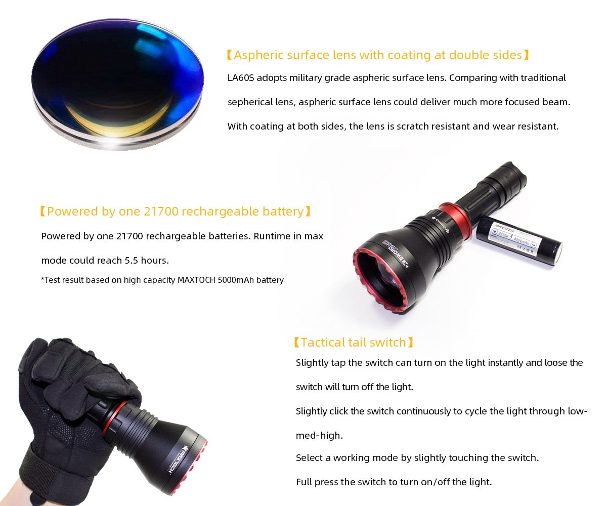 MAXTOCH LA60S Compact Zooming LEP Flashlight – 2800m Throw, 1×21700 Battery