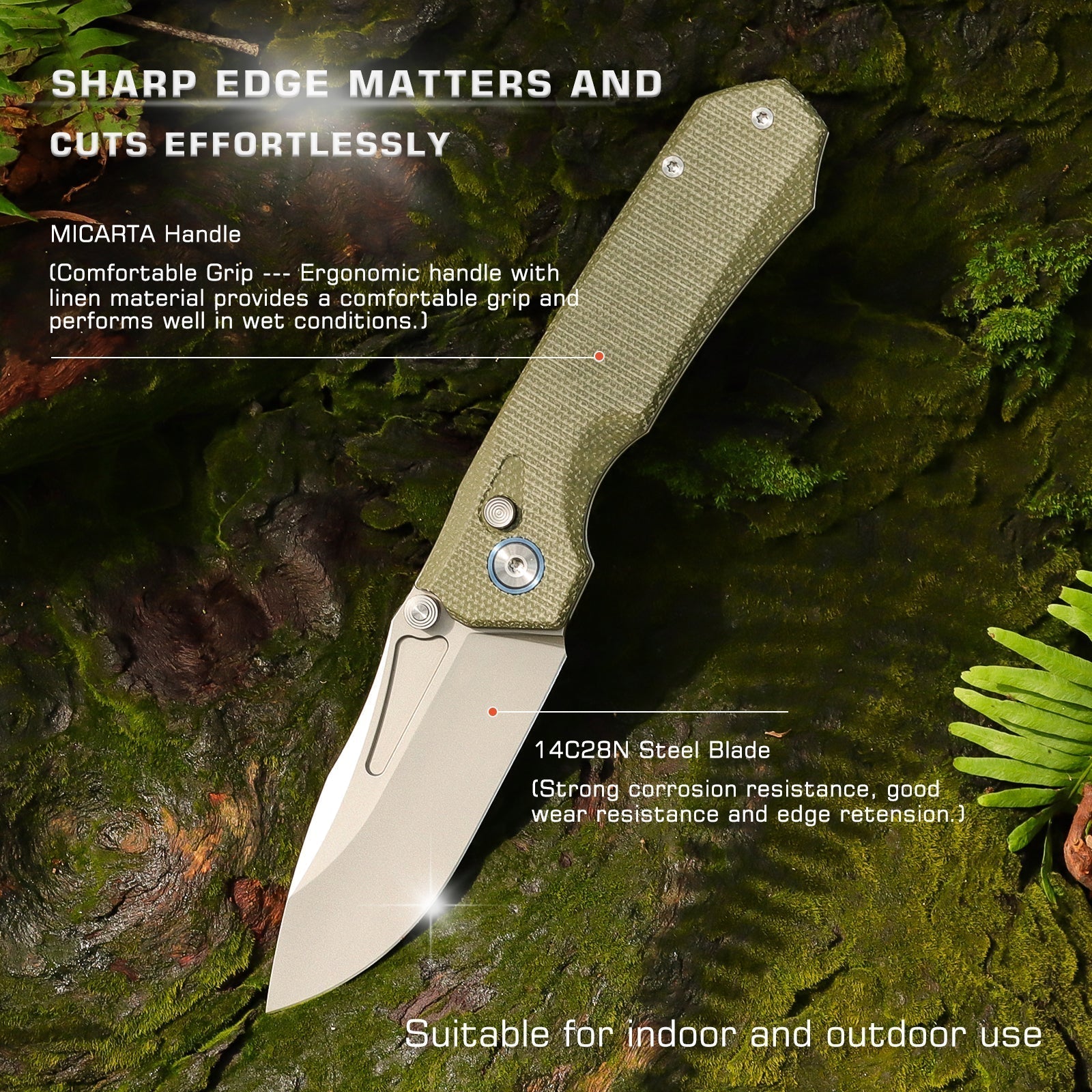 Remette Rhino MC319G open position showing 14C28N drop point blade