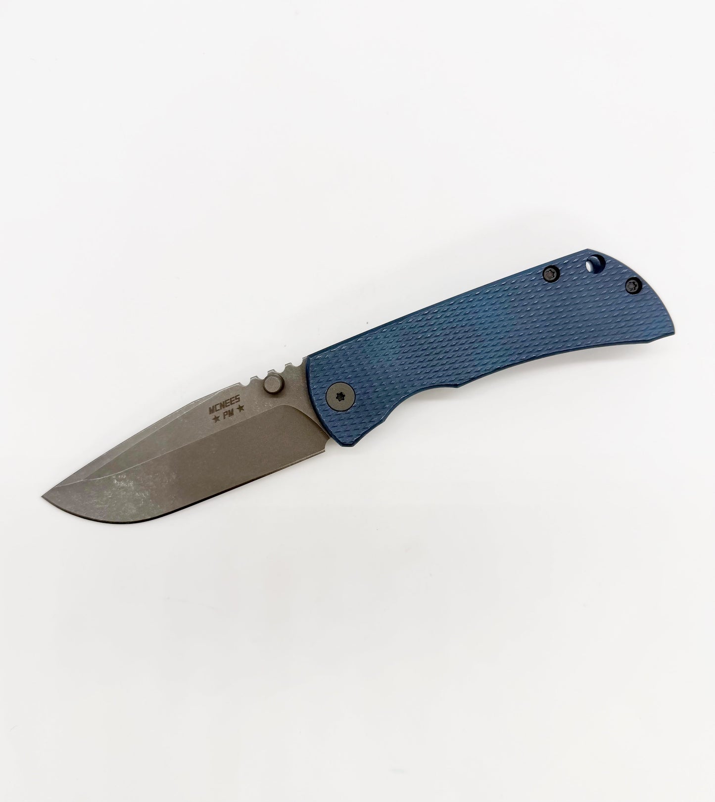 Blue titanium folding knife with textured handle and partially open blade
