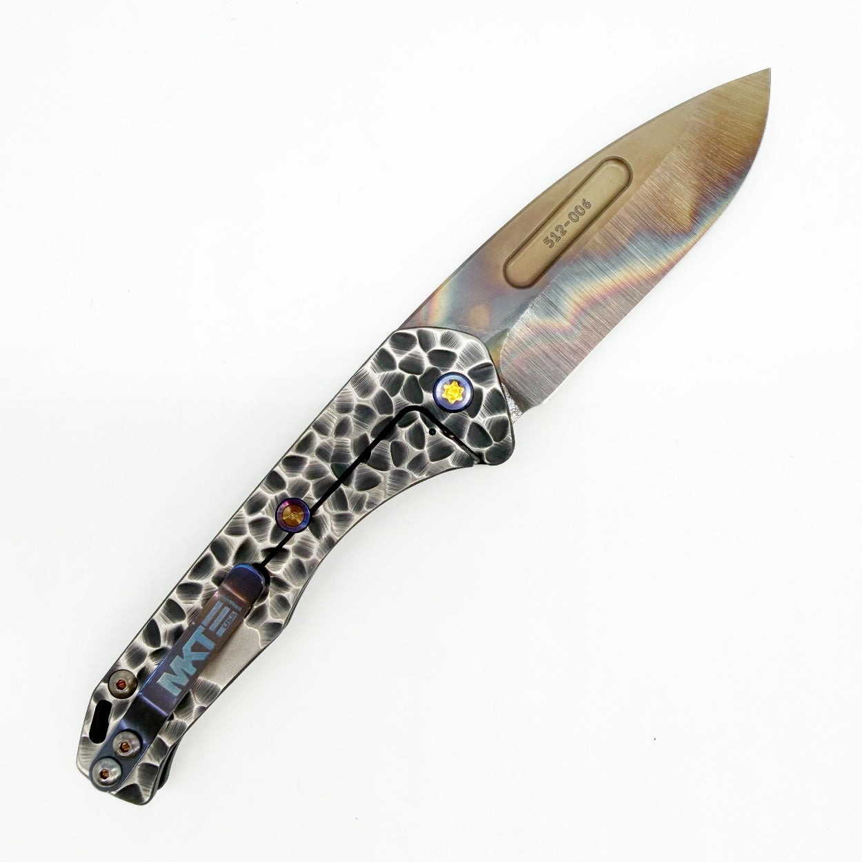 Medford Praetorian Slim clip side, showing the flamed MKT titanium pocket clip and integral titanium frame lock