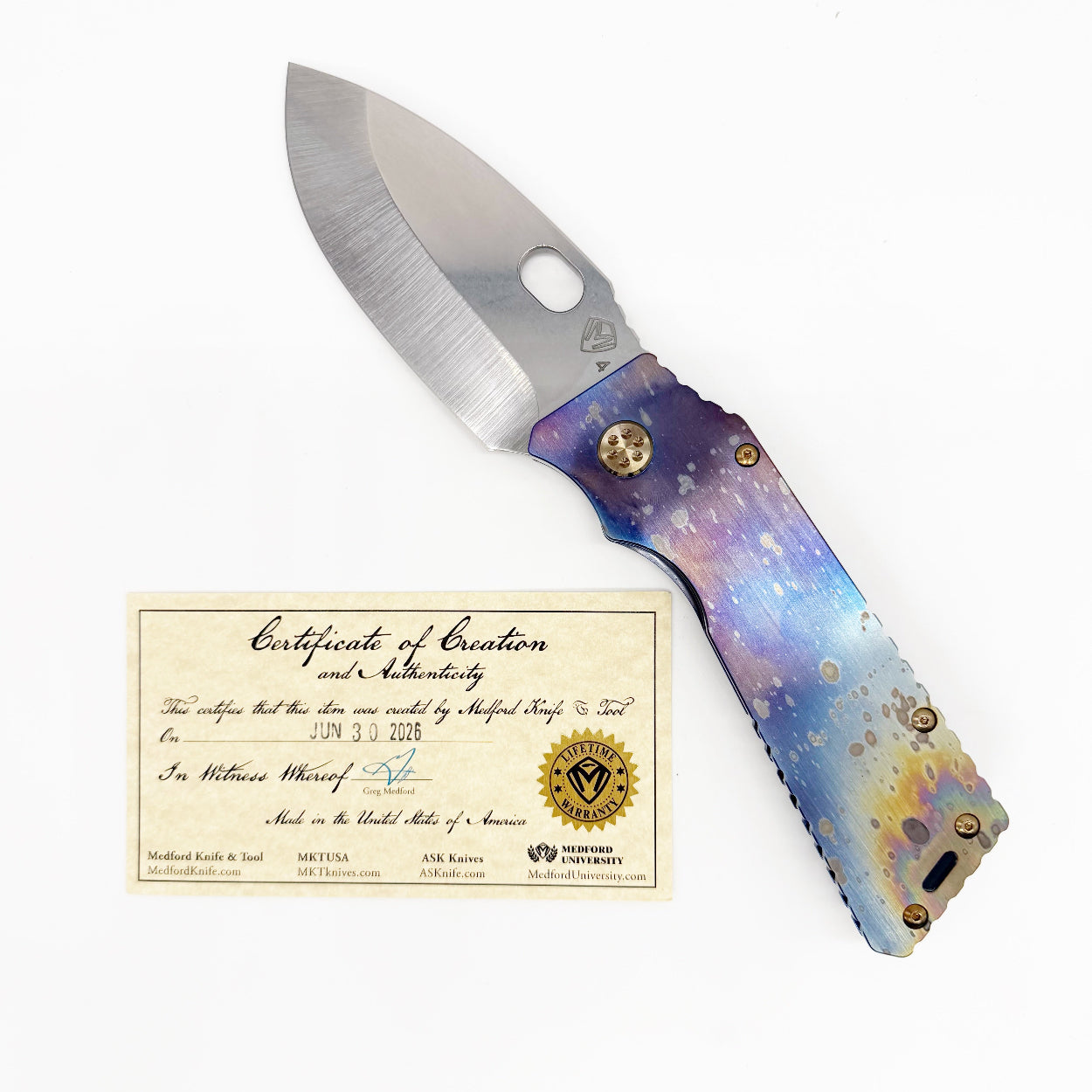 Medford TFF-1 with Medford Knife & Tool Certificate of Authenticity, made in the USA