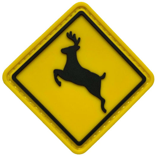 Deer Crossing Sign Morale Patch MHL-BYE front view – 1.97″ x 1.97″ yellow diamond road sign 3D PVC patch