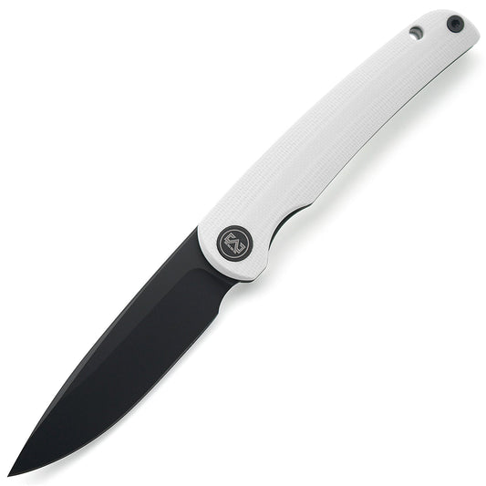 Miguron Akri Front Flipper Knife 3.18" 14C28N Black PVD Blade White G10 Handle MGR-801WHS