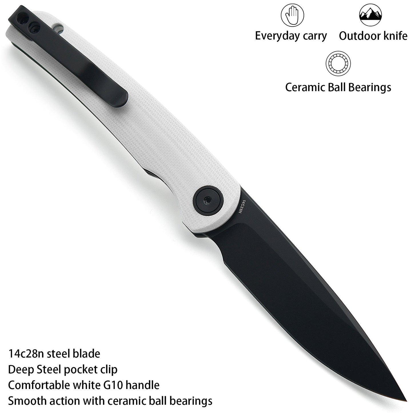 Miguron Akri Front Flipper Knife 3.18" 14C28N Black PVD Blade White G10 Handle MGR-801WHS