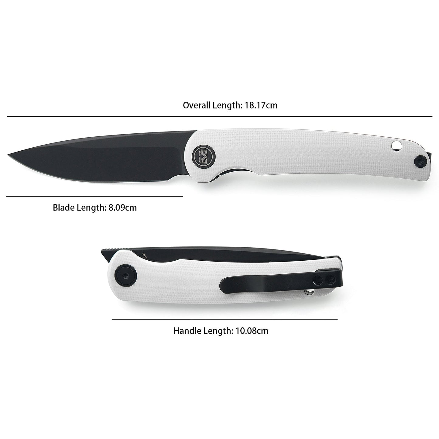 Miguron Akri Front Flipper Knife 3.18" 14C28N Black PVD Blade White G10 Handle MGR-801WHS