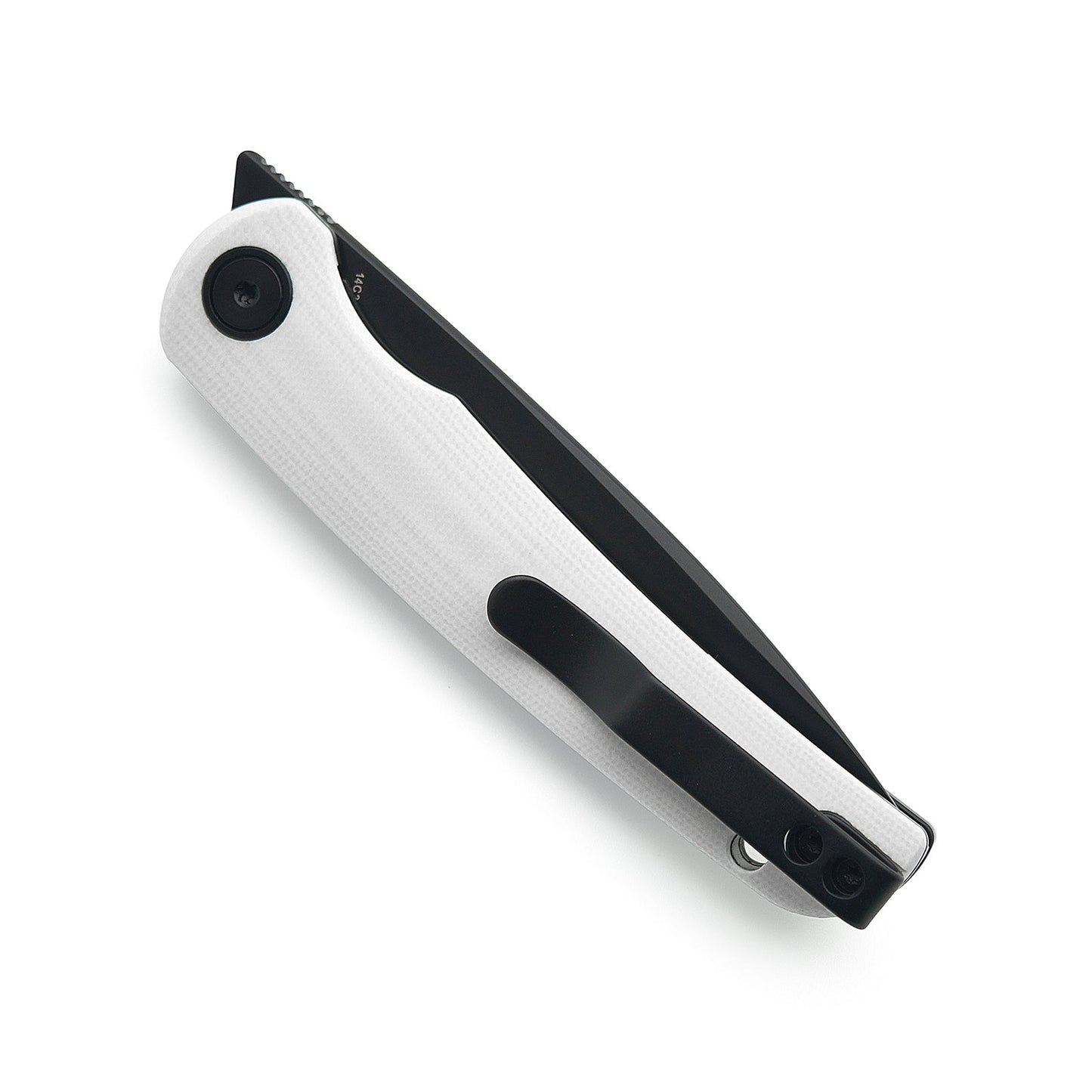 Miguron Akri Front Flipper Knife 3.18" 14C28N Black PVD Blade White G10 Handle MGR-801WHS