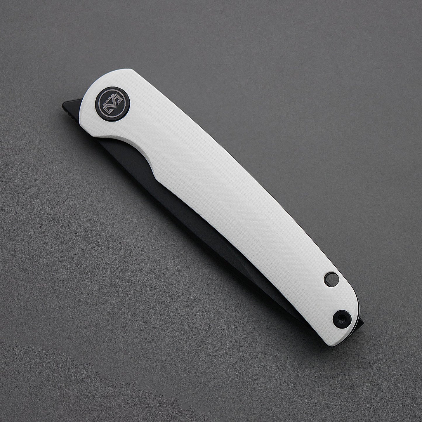 Miguron Akri Front Flipper Knife 3.18" 14C28N Black PVD Blade White G10 Handle MGR-801WHS