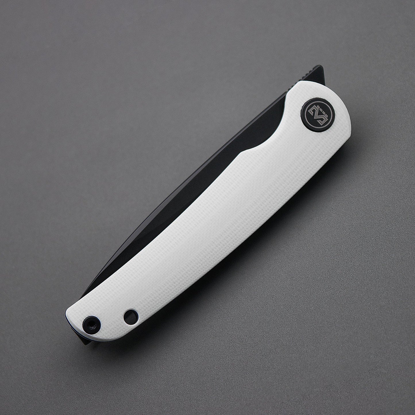 Miguron Akri Front Flipper Knife 3.18" 14C28N Black PVD Blade White G10 Handle MGR-801WHS