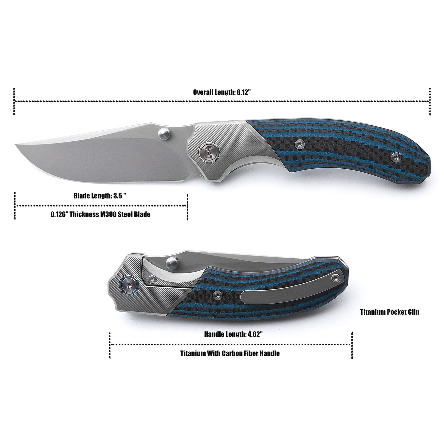 Miguron Centurion II Folding Knife Blue Carbon Fiber 3.5" Sandblasted M390 Blade MGR-609BUII