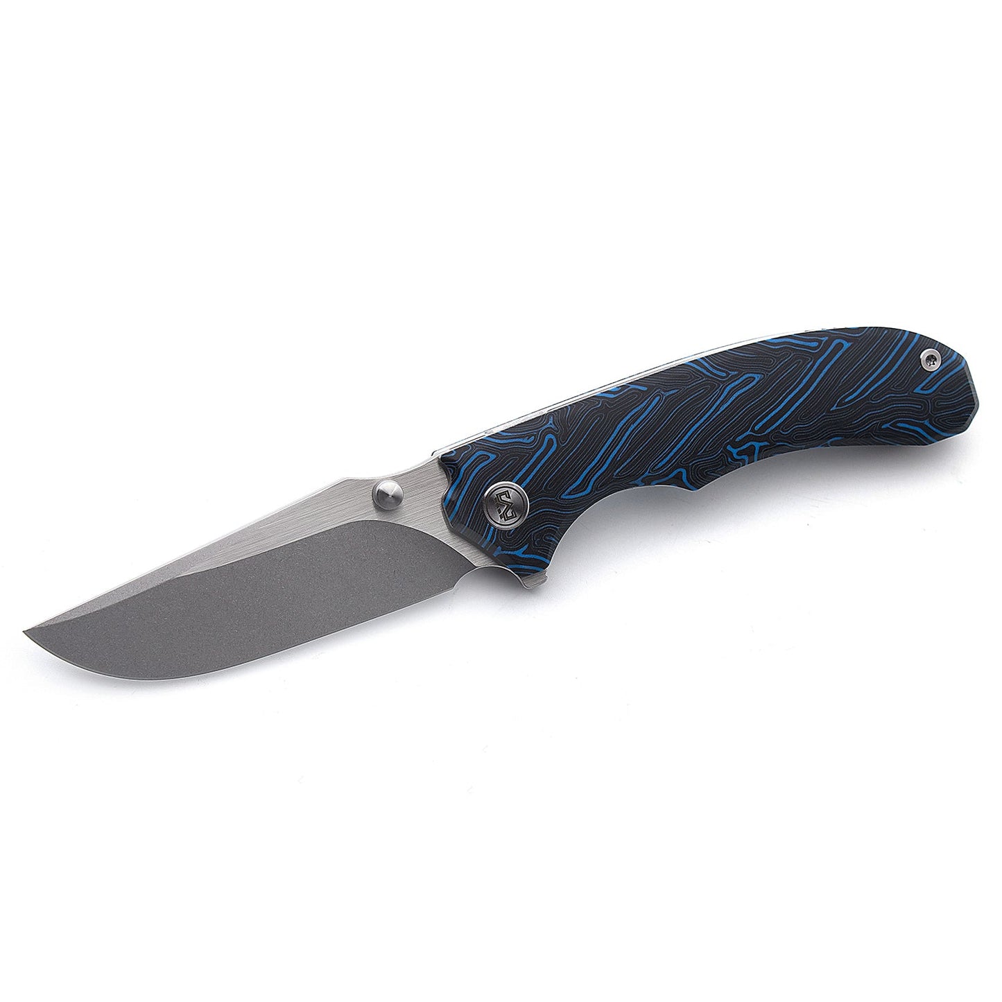 Miguron Centurion Folding Knife 3.5" 14C28N Stonewash & Satin Blade Blue Damascus G10 MGR-812DBU