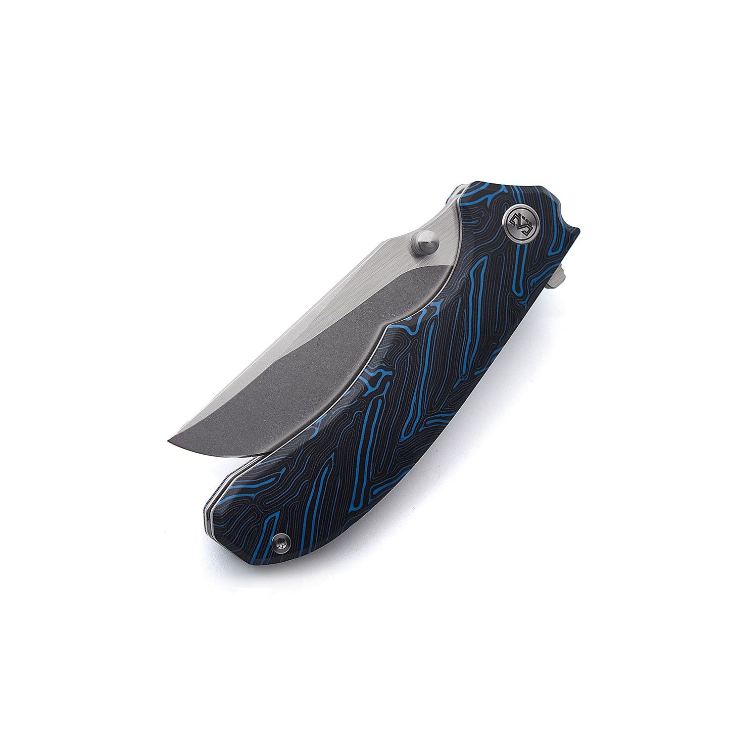 Miguron Centurion Folding Knife 3.5" 14C28N Stonewash & Satin Blade Blue Damascus G10 MGR-812DBU