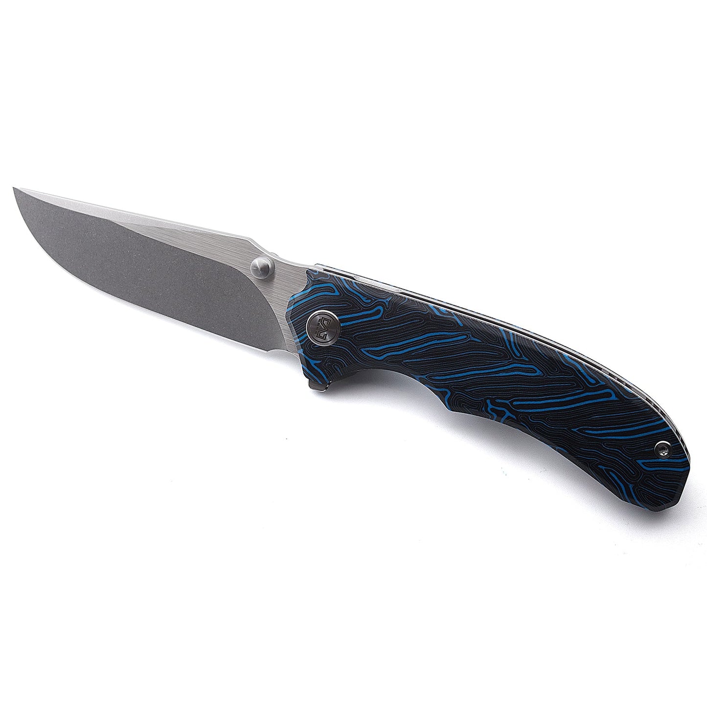 Miguron Centurion Folding Knife 3.5" 14C28N Stonewash & Satin Blade Blue Damascus G10 MGR-812DBU