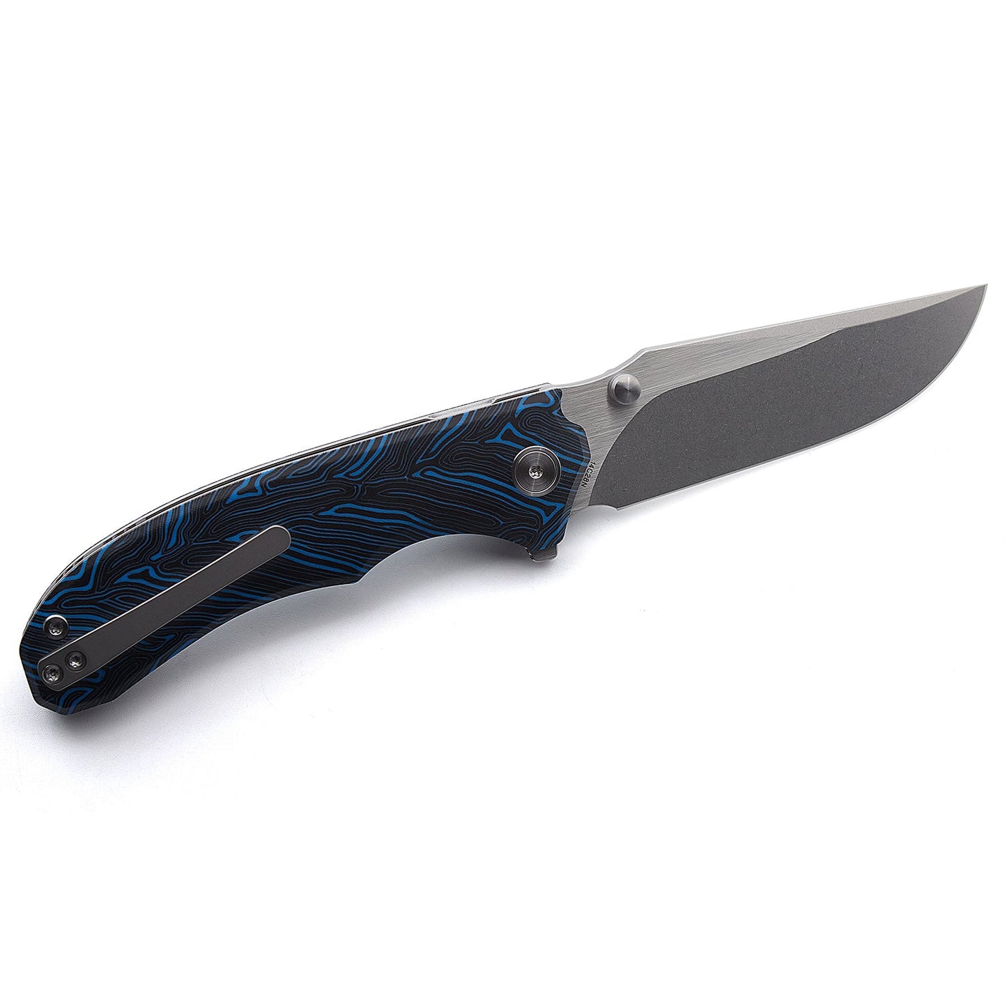 Miguron Centurion Folding Knife 3.5" 14C28N Stonewash & Satin Blade Blue Damascus G10 MGR-812DBU