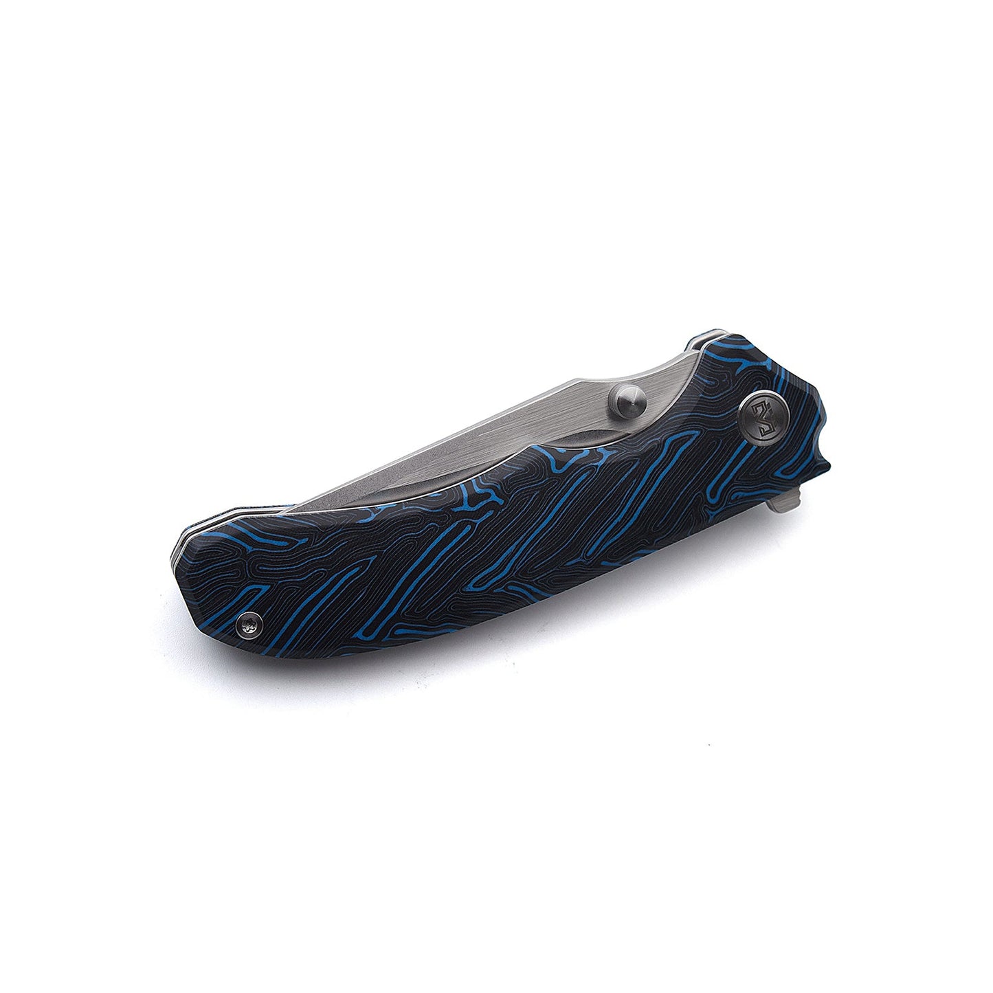 Miguron Centurion Folding Knife 3.5" 14C28N Stonewash & Satin Blade Blue Damascus G10 MGR-812DBU