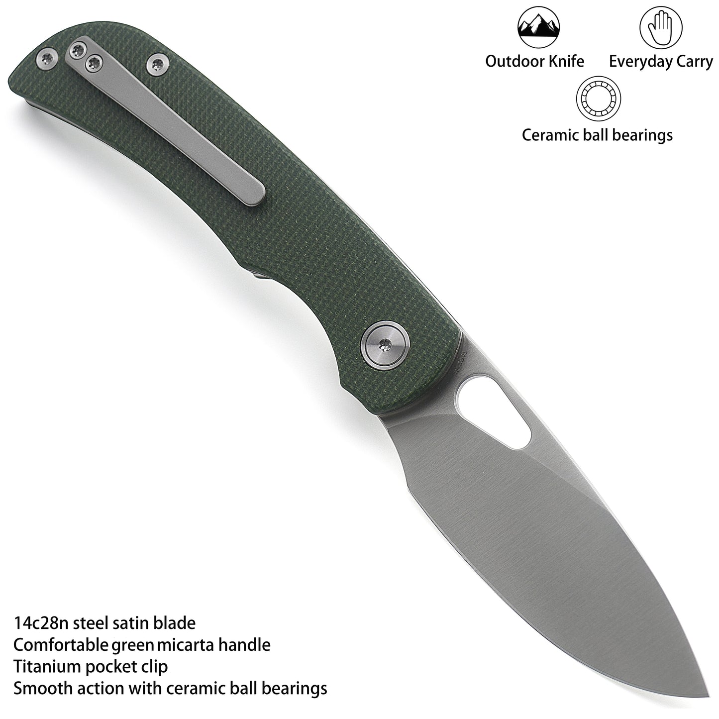 Miguron Moyarl Folding Knife 3.25" 14C28N Satin Blade Green Micarta Handle MGR-806MGN