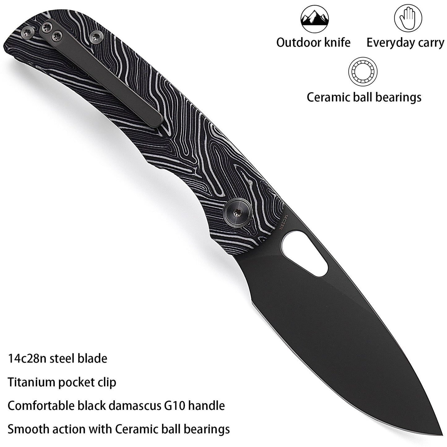 Miguron Moyarl Folding Knife 3.25" PVD 14C28N Blade Black Damascus G10 Handle MGR-806DBK