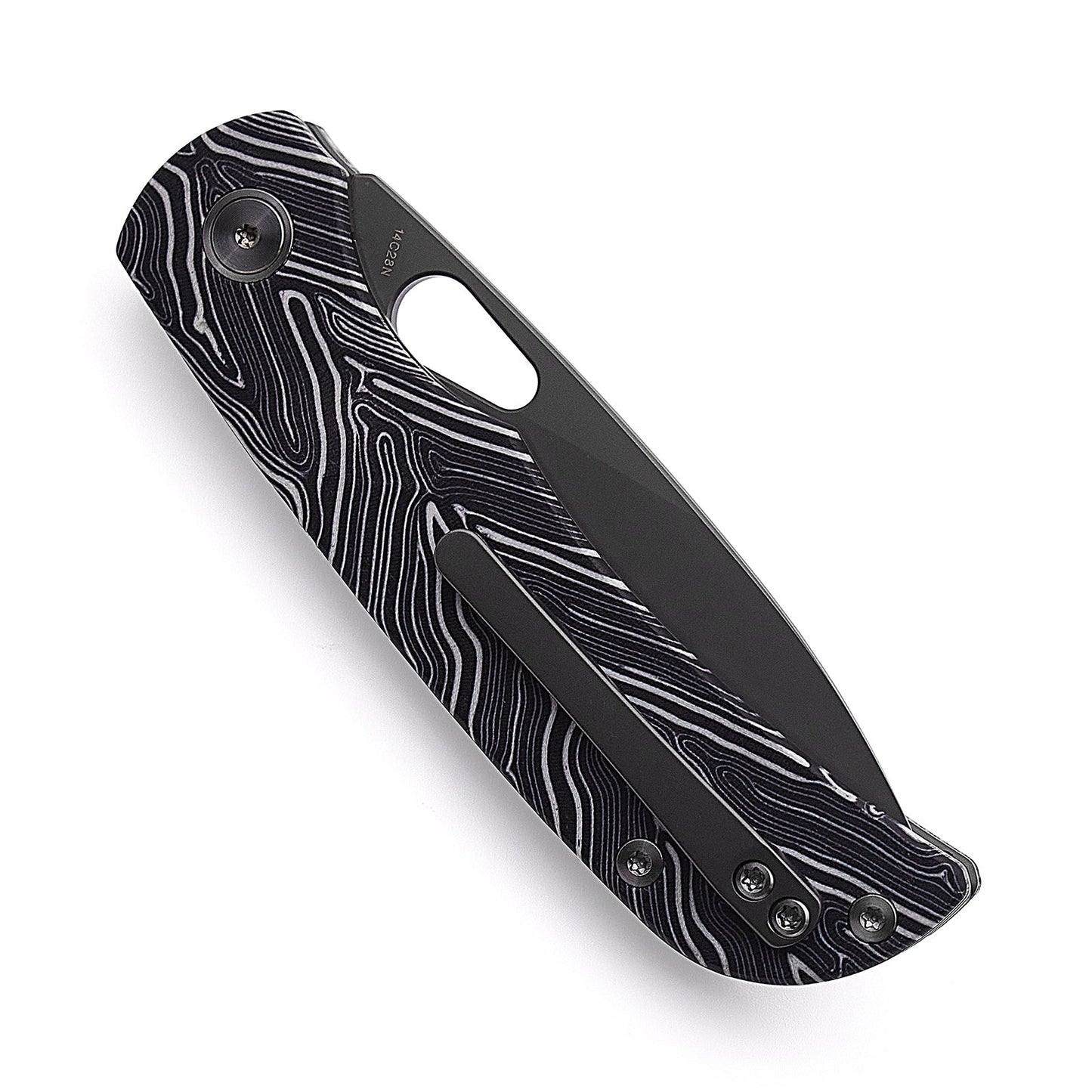 Miguron Moyarl Folding Knife 3.25" PVD 14C28N Blade Black Damascus G10 Handle MGR-806DBK