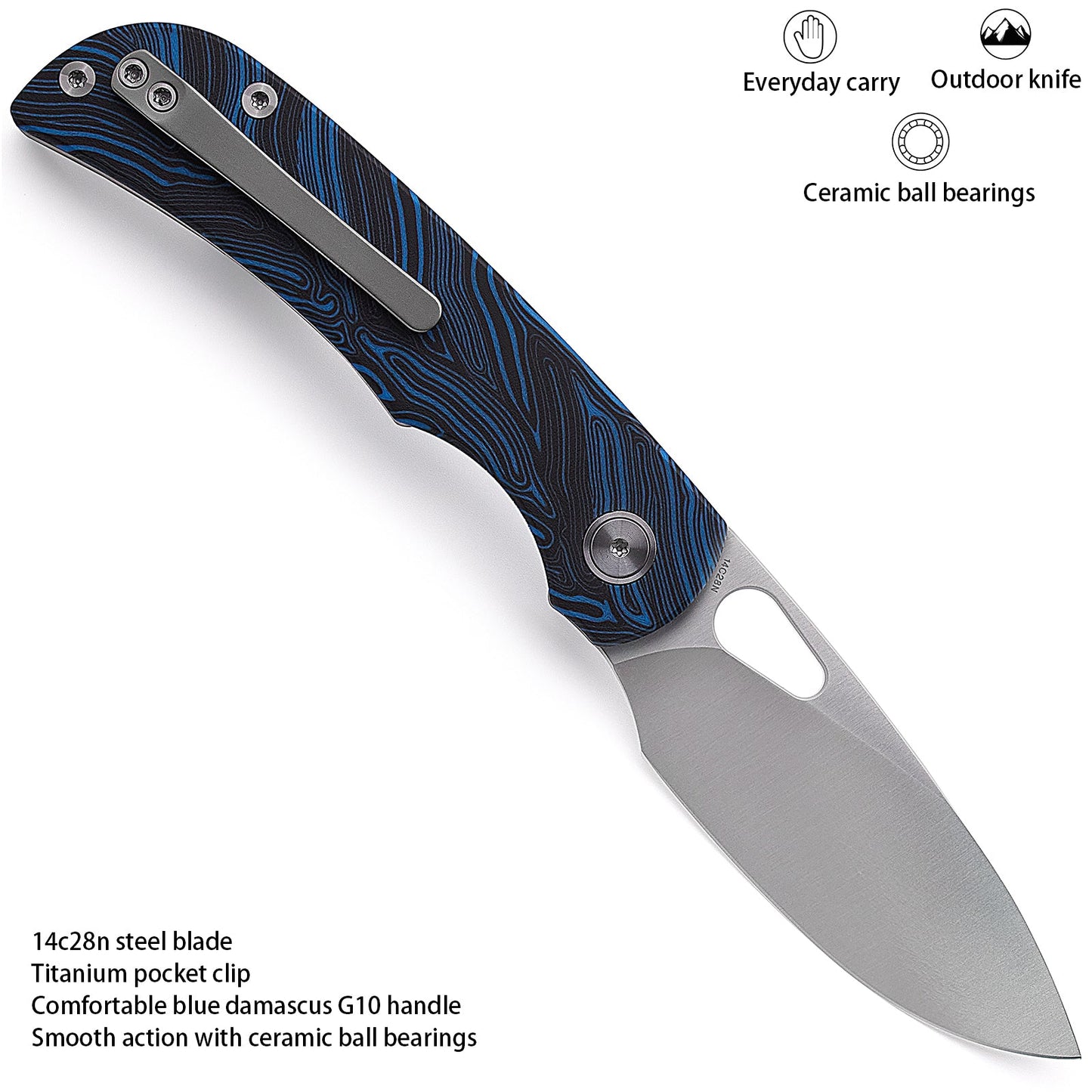 Miguron Moyarl Folding Knife 3.25" Satin 14C28N Blade Blue Damascus G10 Handle MGR-806DBU