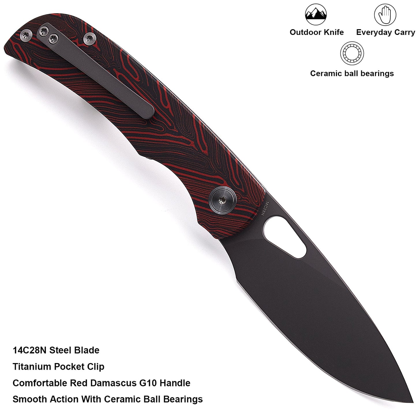 Miguron Moyarl Folding Knife 3.25" 14C28N Dark Grey PVD Blade Red Damascus G10 Handle MGR-806DRD