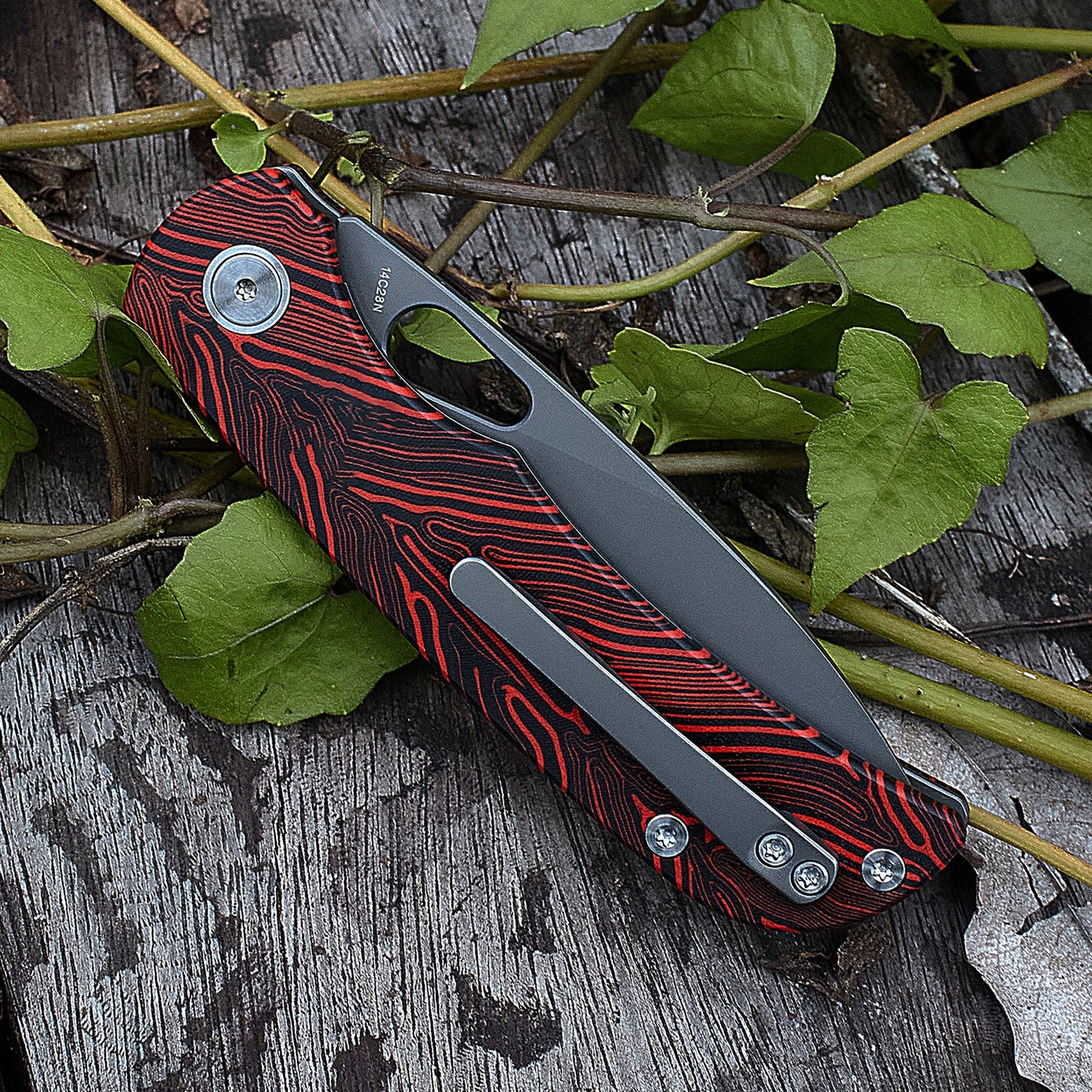 Miguron Moyarl Folding Knife 3.25" 14C28N Dark Grey PVD Blade Red Damascus G10 Handle MGR-806DRD