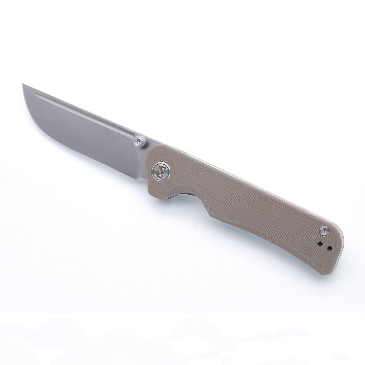 Miguron Pagos Front Flipper Knife 3.25" Sandblasted 14C28N Blade Tan G10 Handle MGR-807STN