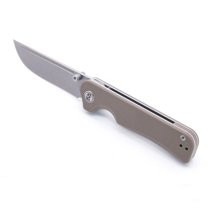 Miguron Pagos Front Flipper Knife 3.25" Sandblasted 14C28N Blade Tan G10 Handle MGR-807STN