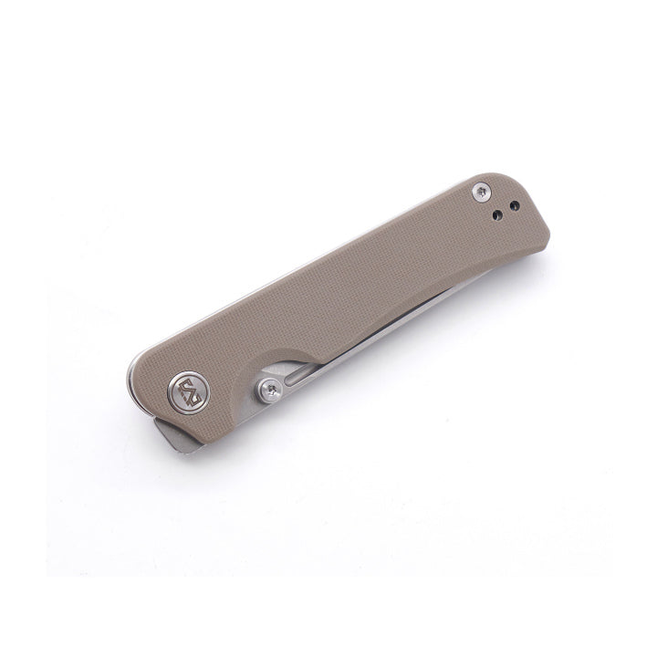 Miguron Pagos Front Flipper Knife 3.25" Sandblasted 14C28N Blade Tan G10 Handle MGR-807STN