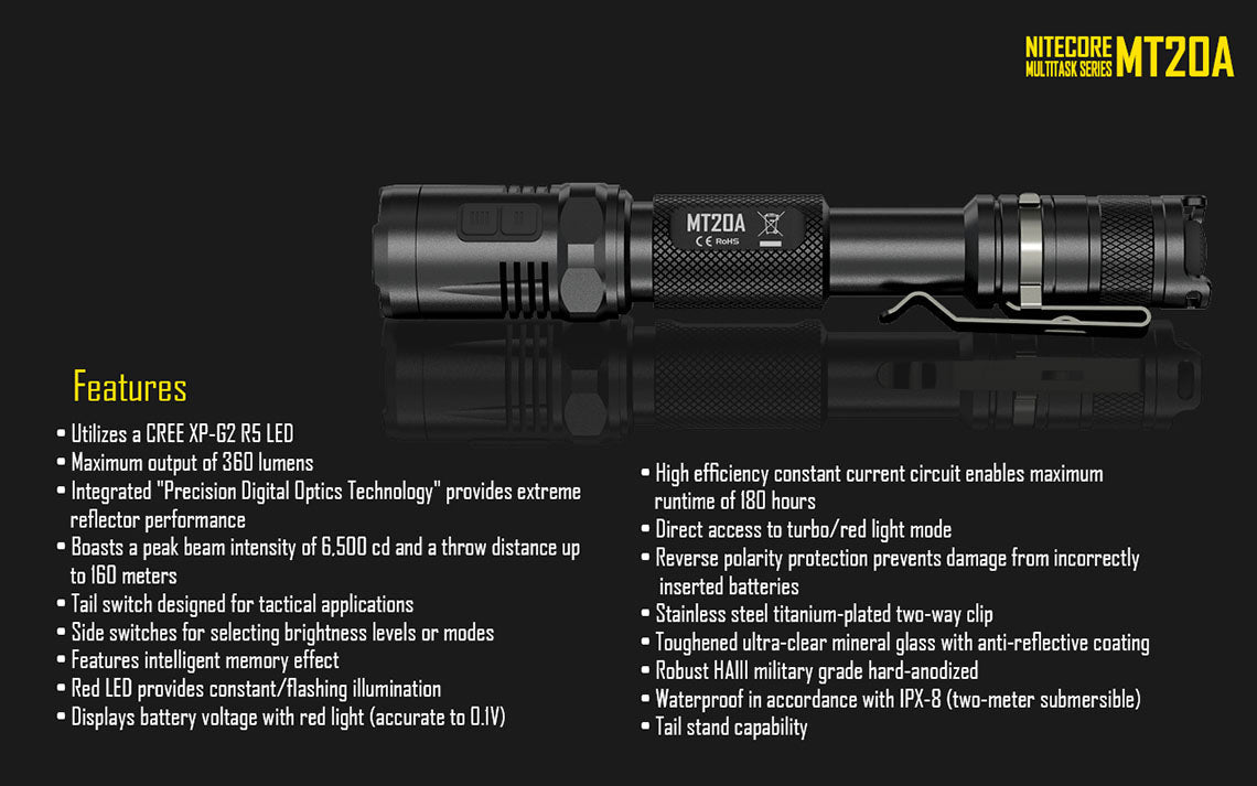 Nitecore MT20A 2x AA 360 Lumens CREE XP-G2 R5 LED Flashlight