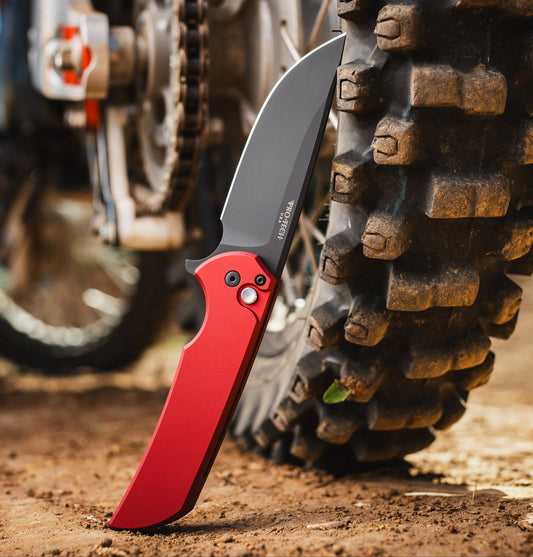 Pro-Tech Mordax MX103-LTD-Red front view – 3.5" DLC black MagnaCut drop point folding knife