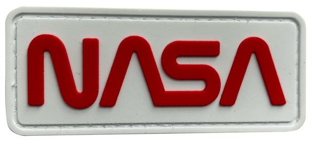 NASA Worm Logo Morale Patch NASA-WH front view – 2.95″ x 1.18″ red lettering on white 3D PVC patch