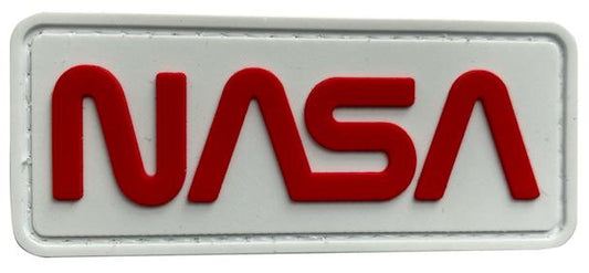 NASA Worm Logo Morale Patch NASA-WH front view – 2.95″ x 1.18″ red lettering on white 3D PVC patch